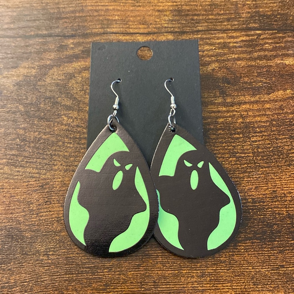 Ghost glow in the dark leather dangle earrings